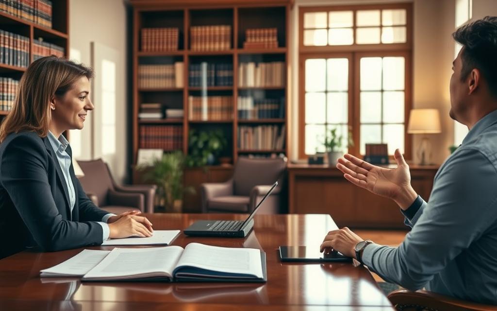 A Warm, Inviting Office Space With A Large Wooden Desk And Comfortable Seating. On The Desk, A Pile Of Legal Documents And A Laptop, Conveying A Sense Of Professionalism And Expertise. In The Foreground, A Person, Likely An Immigration Lawyer Or Advocate, Gesturing Empathetically While In Conversation With A Client, Their Body Language Conveying Compassion And Support. The Background Features A Bookshelf Filled With Legal References, Creating An Atmosphere Of Knowledge And Guidance. Soft, Natural Lighting Illuminates The Scene, Instilling A Sense Of Hope And Understanding. The Overall Mood Is One Of Care, Expertise, And A Steadfast Commitment To Assisting Those Navigating The Complexities Of Immigration.