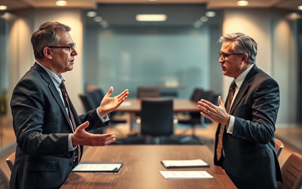 A Bustling Office Setting With Two Business Professionals Engaged In A Heated Yet Professional Discussion. The Foreground Features The Two Figures, One Gesturing Animatedly While The Other Listens Intently, Their Expressions Conveying A Sense Of Tension And Uncertainty. The Middle Ground Showcases A Conference Table Surrounded By Chairs, Suggesting The Context Of A Formal Negotiation Or Mediation. The Background Blurs Out, Emphasizing The Focus On The Two Central Figures. Soft, Warm Lighting Illuminates The Scene, Creating An Atmosphere Of Seriousness And Importance. The Overall Composition And Mood Evoke The Challenges And Complexities Of Navigating A Business Dispute While Upholding Contractual Obligations.