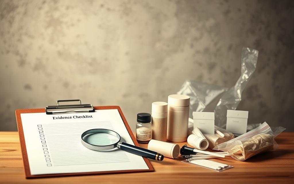 A Crisp, Well-Organized Evidence Collection Checklist Against A Muted Background. The Foreground Features A Clipboard With A Lined Paper, Pen, And A Magnifying Glass, Conveying A Sense Of Meticulous Investigation. The Middle Ground Showcases A Variety Of Forensic Tools Like Fingerprint Dust, Swabs, And Evidence Bags, Neatly Arranged. The Background Has A Subtle Textured Pattern, Creating Depth And A Professional, Authoritative Atmosphere. Warm, Directional Lighting Casts Subtle Shadows, Emphasizing The Details. The Overall Mood Is One Of Diligence, Organization, And The Pursuit Of Justice. A Crisp, Well-Organized Evidence Collection Checklist Against A Muted Background. The Foreground Features A Clipboard With A Lined Paper, Pen, And A Magnifying Glass, Conveying A Sense Of Meticulous Investigation. The Middle Ground Showcases A Variety Of Forensic Tools Like Fingerprint Dust, Swabs, And Evidence Bags, Neatly Arranged. The Background Has A Subtle Textured Pattern, Creating Depth And A Professional, Authoritative Atmosphere. Warm, Directional Lighting Casts Subtle Shadows, Emphasizing The Details. The Overall Mood Is One Of Diligence, Organization, And The Pursuit Of Justice.