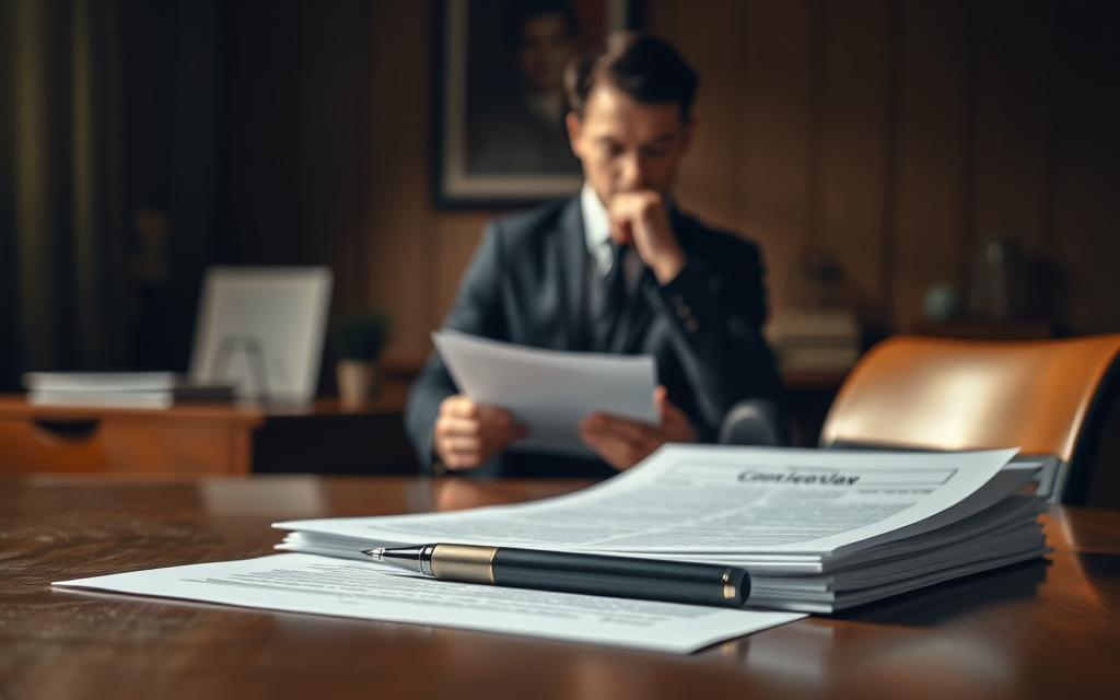 A Dimly Lit Office Setting, With A Wooden Desk And Chair In The Foreground. On The Desk, A Stack Of Legal Documents And A Pen, Symbolizing An Employment Contract. In The Middle Ground, A Businessperson In A Suit, Thoughtfully Reviewing The Contract, Their Expression Reflecting The Gravity Of The Decision. The Background Is Blurred, Creating A Sense Of Focus On The Central Elements. Soft, Warm Lighting Casts Subtle Shadows, Conveying A Contemplative Atmosphere. The Overall Composition Suggests The Importance Of Understanding Employment Contract Protections And Their Role In Safeguarding Workers' Rights. A Dimly Lit Office Setting, With A Wooden Desk And Chair In The Foreground. On The Desk, A Stack Of Legal Documents And A Pen, Symbolizing An Employment Contract. In The Middle Ground, A Businessperson In A Suit, Thoughtfully Reviewing The Contract, Their Expression Reflecting The Gravity Of The Decision. The Background Is Blurred, Creating A Sense Of Focus On The Central Elements. Soft, Warm Lighting Casts Subtle Shadows, Conveying A Contemplative Atmosphere. The Overall Composition Suggests The Importance Of Understanding Employment Contract Protections And Their Role In Safeguarding Workers' Rights.
