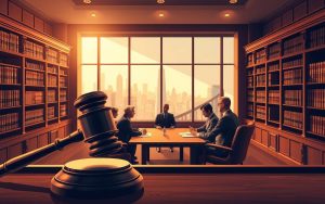 A High-Quality, Professional-Looking Illustration Of &Quot;Legal Remedies Contract Breaches&Quot; For The Article Section &Quot;Legal Remedies And Damage Claims In Contract Breaches&Quot;. The Scene Depicts A Courtroom Interior With A Judge'S Bench And Gavel In The Foreground, Flanked By Bookshelves And Law Books. Lawyers Sit At A Table In The Middle Ground, Engaged In Discussion. In The Background, A Large Window Offers A View Of A Cityscape, Conveying A Sense Of Authority And Gravitas. Warm, Directional Lighting Creates Dramatic Shadows And Highlights The Key Elements. The Overall Mood Is Serious And Authoritative, Reflecting The Importance Of Legal Remedies For Contract Breaches.