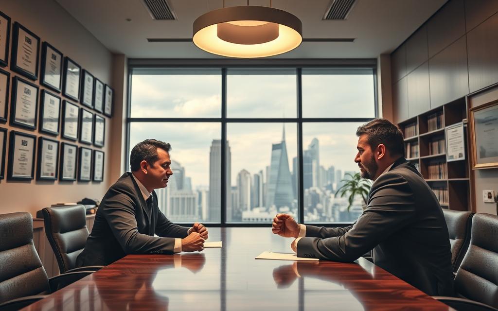 A Modern Law Office, Its Walls Adorned With Diplomas And Accolades. In The Foreground, Two Businesspeople Sit Across A Mahogany Table, Engaged In A Tense Negotiation. Furrowed Brows, Clenched Fists, The Atmosphere Charged With The Weight Of Unresolved Contractual Disputes. Overhead, A Sleek, Minimalist Lighting Fixture Casts A Warm Glow, Lending An Air Of Professionalism And Authority. Through Large Windows, The City Skyline Is Visible, A Backdrop That Suggests The High-Stakes World Of Corporate Litigation. The Scene Evokes A Sense Of High-Powered Legal Maneuvering, With The Fate Of Multimillion-Dollar Deals Hanging In The Balance.