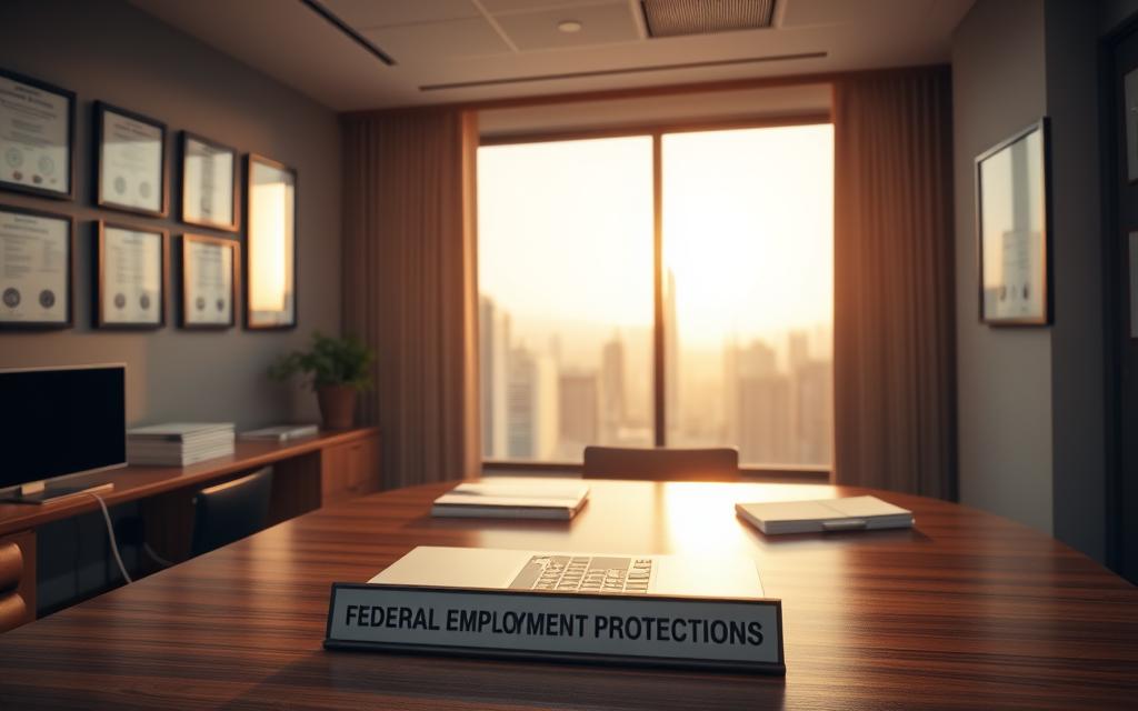 A Professional, Clean-Cut Office Interior With A Sleek, Modern Aesthetic. In The Foreground, A Large Wooden Desk Features A Silver Laptop, A Stack Of Papers, And A Nameplate That Reads &Quot;Federal Employment Protections&Quot;. Behind The Desk, A Large Window Overlooks A Bustling City Skyline, Bathed In Warm, Golden Sunlight. The Walls Are Adorned With Framed Certificates And Regulations, Conveying A Sense Of Authority And Legal Expertise. The Lighting Is Soft And Directional, Casting Subtle Shadows And Highlighting The Details Of The Space. The Overall Mood Is One Of Professionalism, Security, And The Reassuring Presence Of Government-Backed Employment Safeguards. A Professional, Clean-Cut Office Interior With A Sleek, Modern Aesthetic. In The Foreground, A Large Wooden Desk Features A Silver Laptop, A Stack Of Papers, And A Nameplate That Reads &Quot;Federal Employment Protections&Quot;. Behind The Desk, A Large Window Overlooks A Bustling City Skyline, Bathed In Warm, Golden Sunlight. The Walls Are Adorned With Framed Certificates And Regulations, Conveying A Sense Of Authority And Legal Expertise. The Lighting Is Soft And Directional, Casting Subtle Shadows And Highlighting The Details Of The Space. The Overall Mood Is One Of Professionalism, Security, And The Reassuring Presence Of Government-Backed Employment Safeguards.